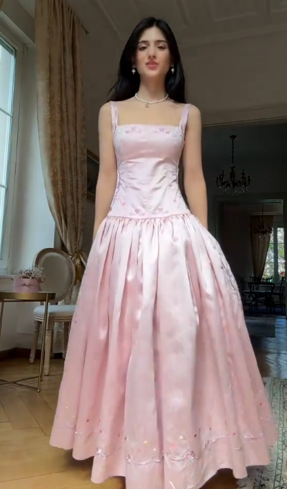 Süßes A-Linien-Satin-Abendkleid mit Trägern in Rosa, Ballkleid ED08168