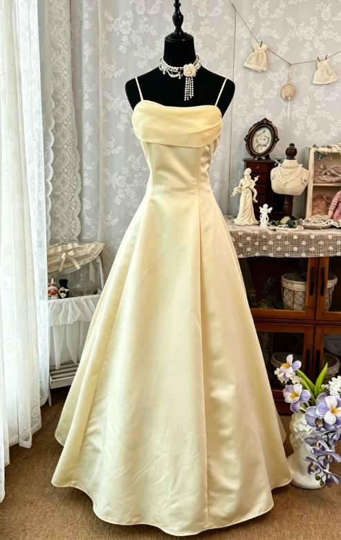 Cute Spaghetti Straps A-Line Satin Long Evening Dress Yellow Prom Dress ED08170
