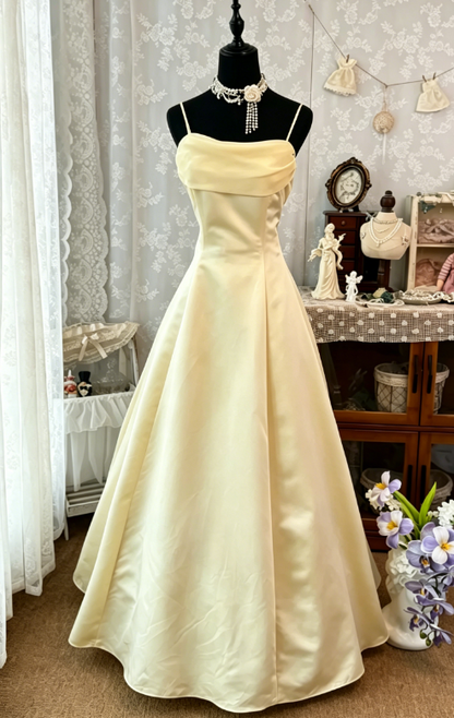 Cute Spaghetti Straps A-Line Satin Long Evening Dress Yellow Prom Dress ED08170