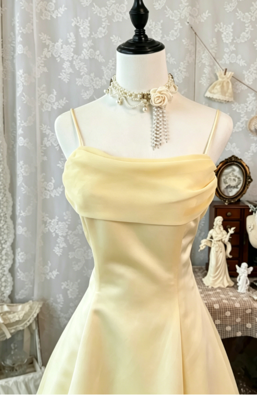 Cute Spaghetti Straps A-Line Satin Long Evening Dress Yellow Prom Dress ED08170