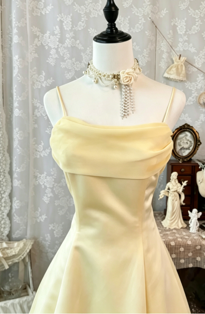 Cute Spaghetti Straps A-Line Satin Long Evening Dress Yellow Prom Dress ED08170