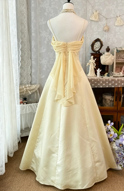 Cute Spaghetti Straps A-Line Satin Long Evening Dress Yellow Prom Dress ED08170