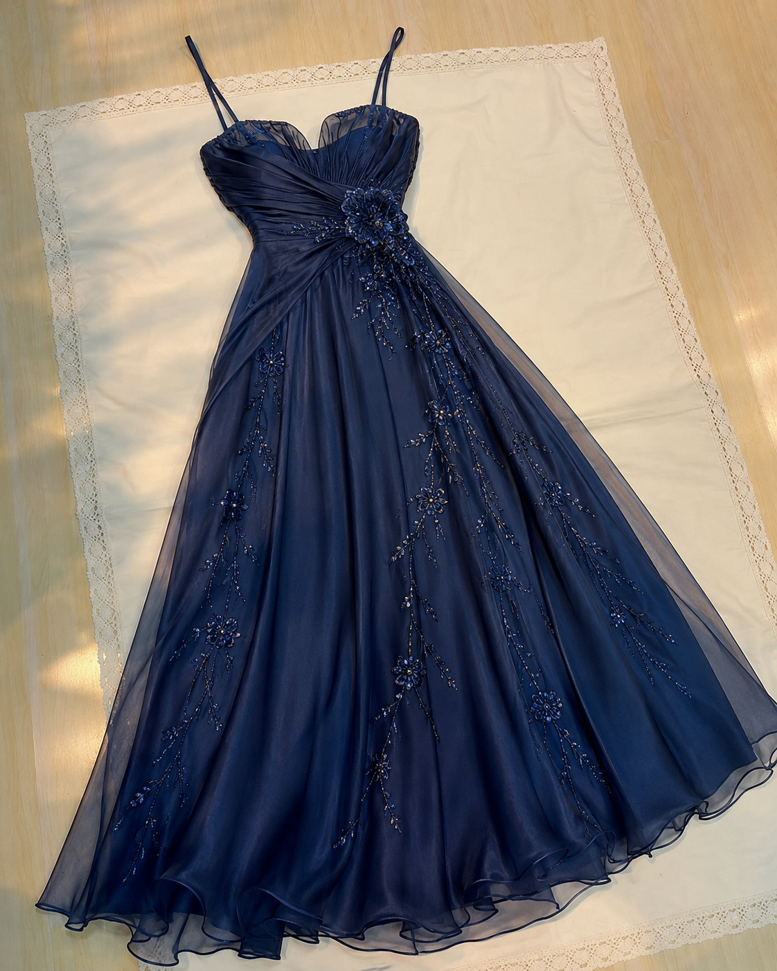 Pretty Navy Blue Birthday Dress Spaghetti Straps A-Line Evening Dress Chiffon Beaded Long Prom Dress ED08172