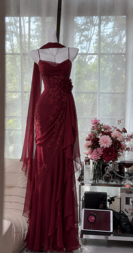 Pretty Spaghetti Straps Sheath Chiffon Beaded Long Evening Dress Burgundy Prom Dress ED08174