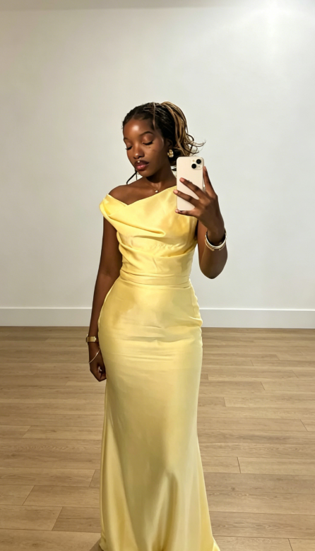 Chic Asymmetrical Neckline Sheath Satin Long Yellow Evening Dress ED08177