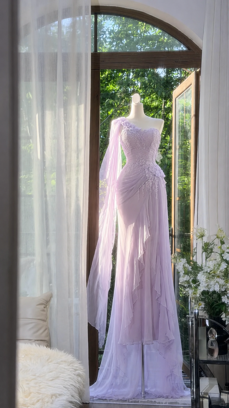 Hübsches One-Shoulder Etui Chiffon Perlen Langes Abendkleid Lila Ballkleid ED08179