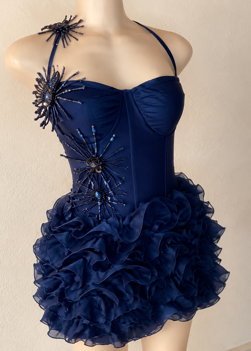 Elegantes marineblaues Geburtstagskleid Neckholder Etuikleid Cocktailkleid Tüll Perlen Abschlussballkleid ED08186