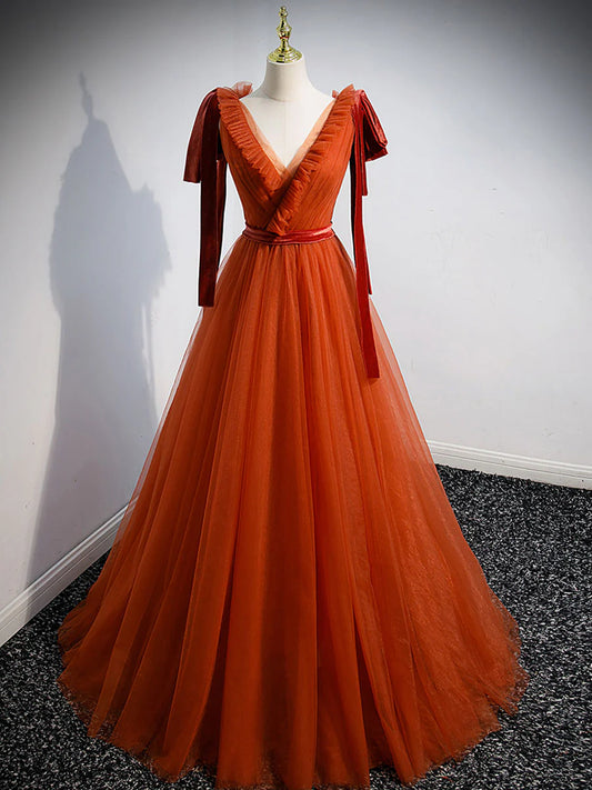 Robe de bal longue en tulle rouge brique à col en V, robe de soirée simple et formelle, robe de remise de diplôme ED0819