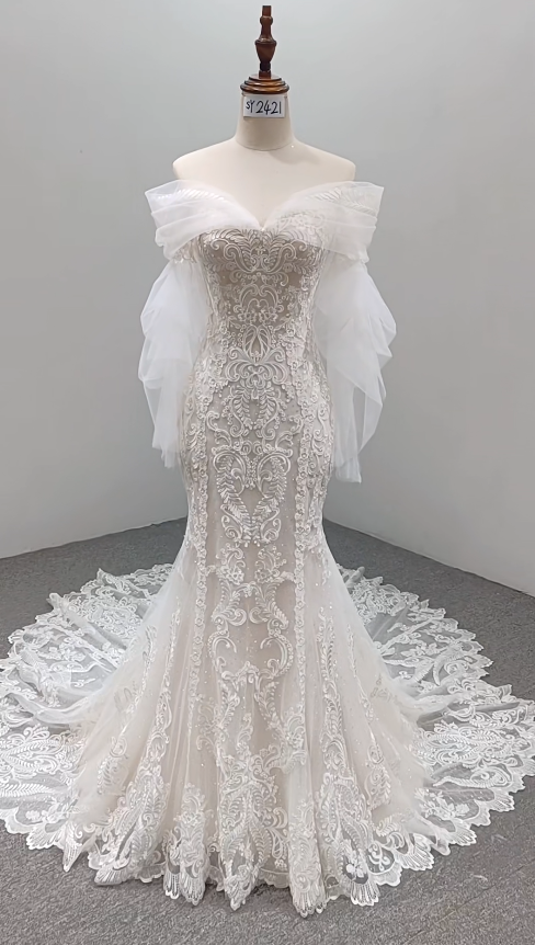 Zeitloses schulterfreies Meerjungfrauen-Brautkleid Weißes Brautkleid Applikationsspitze Brautkleid ED08195