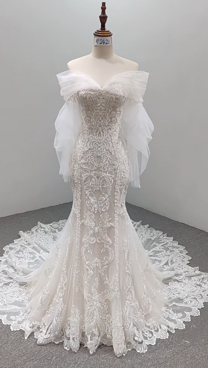 Zeitloses schulterfreies Meerjungfrauen-Brautkleid Weißes Brautkleid Applikationsspitze Brautkleid ED08195