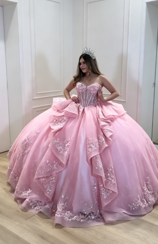 Wunderschönes Schatz-Ballkleid Quinceanera-Kleid Tüll-Applikation Pink Süßes 16-Kleid ED08198