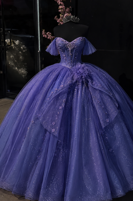 Gorgeous Off-shoulder Ball Gown Quinceanera Dress Tulle Applique Purple Sweet 16 Dress ED08199