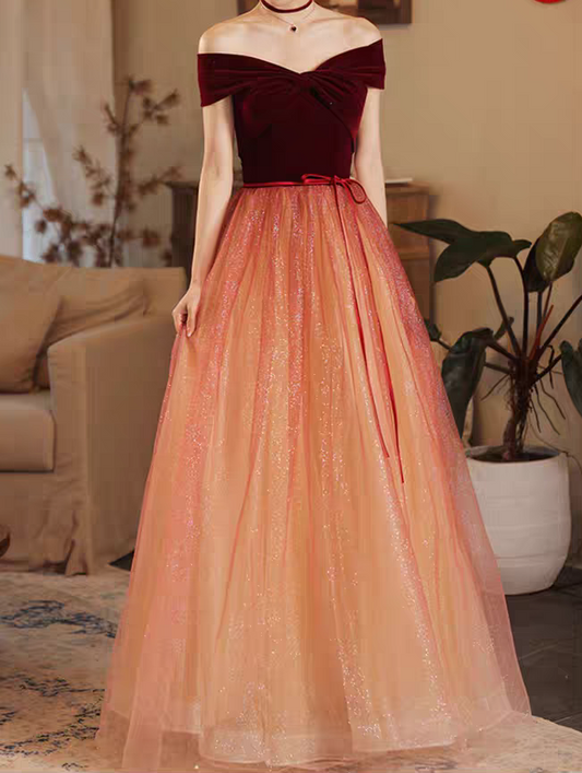 Robe de bal longue en tulle bordeaux à épaules dénudées, robe de soirée bordeaux ED0820