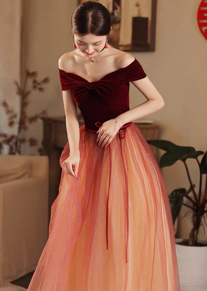 Burgundy off shoulder tulle long prom dress burgundy formal dress ED0820