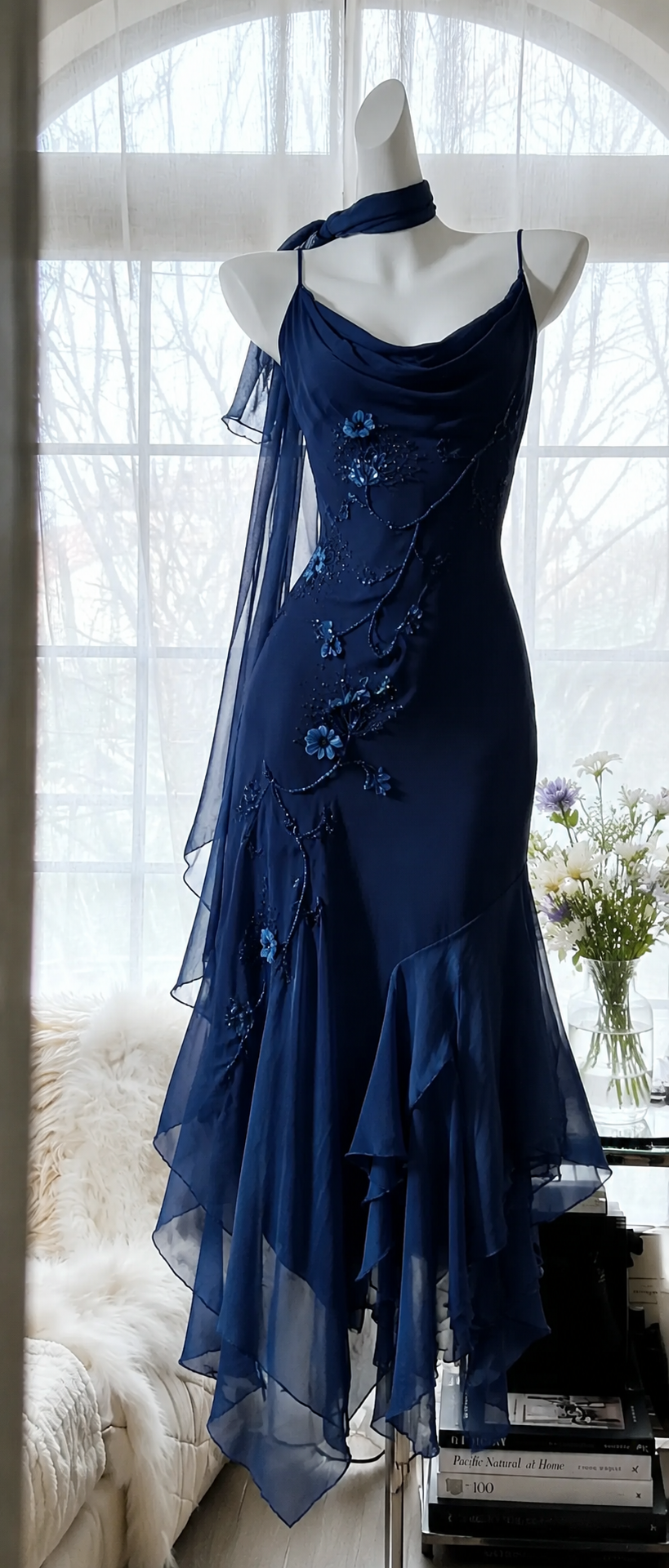 Fairy Navy Blue Prom Dress Spaghetti Straps Sheath Chiffon Beaded Evening Dress ED08208