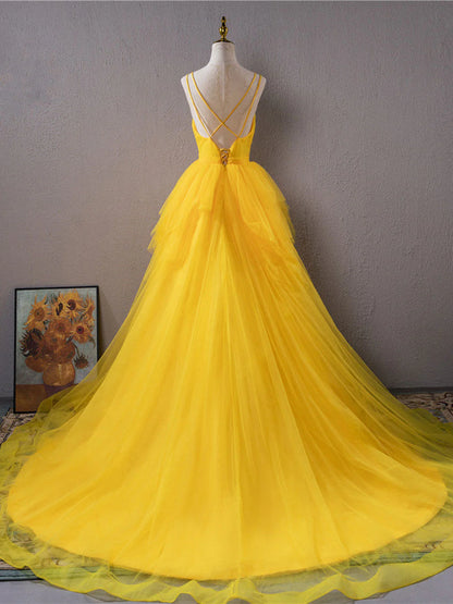 Gelbes langes Ballkleid aus Tüll mit V-Ausschnitt und hohem Schlitz, langes gelbes Abschlusskleid ED0821