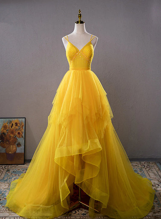 Robe de bal longue en tulle jaune à col en V, robe de remise de diplôme longue et haute-basse ED0821