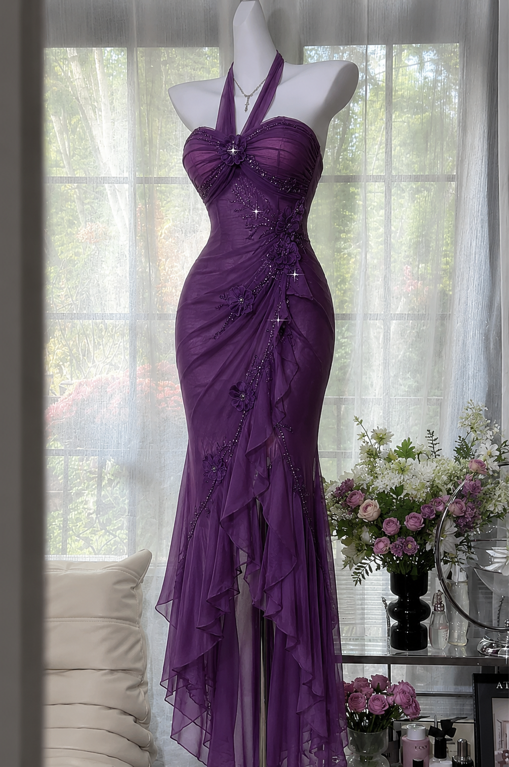 Chic Purple Prom Dress Halter Sheath Chiffon Beaded Long Evening Dress ED08210