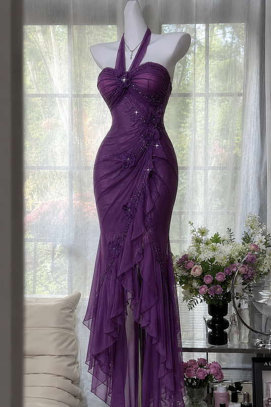 Chic Purple Prom Dress Halter Sheath Chiffon Beaded Long Evening Dress ED08210