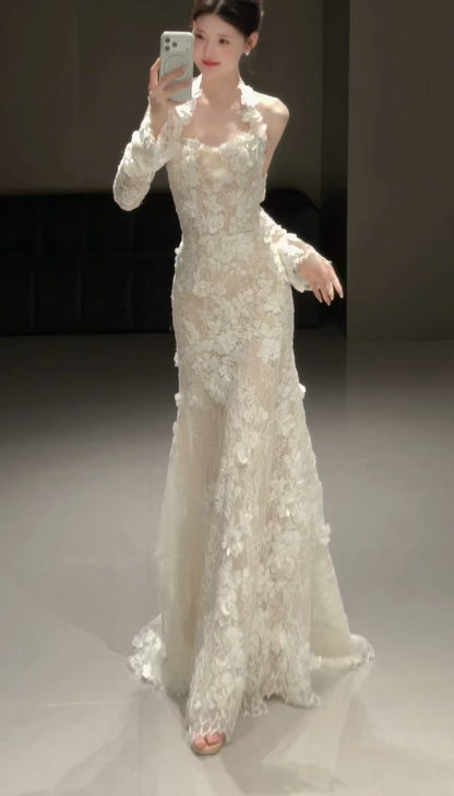 Robe de mariée fourreau modeste à licou, avec applications en dentelle, robe de mariée blanche ED08214