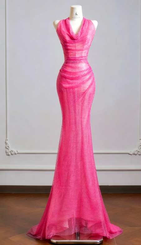 Chic Hot Pink Prom Dress Halter Sheath Chiffon Long Evening Dress ED08213