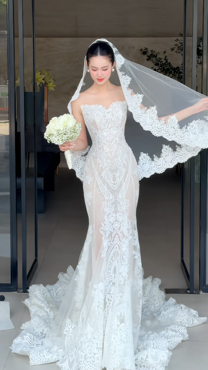 Modest Sweetheart Mermaid Wedding Dress Lace Applique Bridal Gown White Bridal Dress ED08214