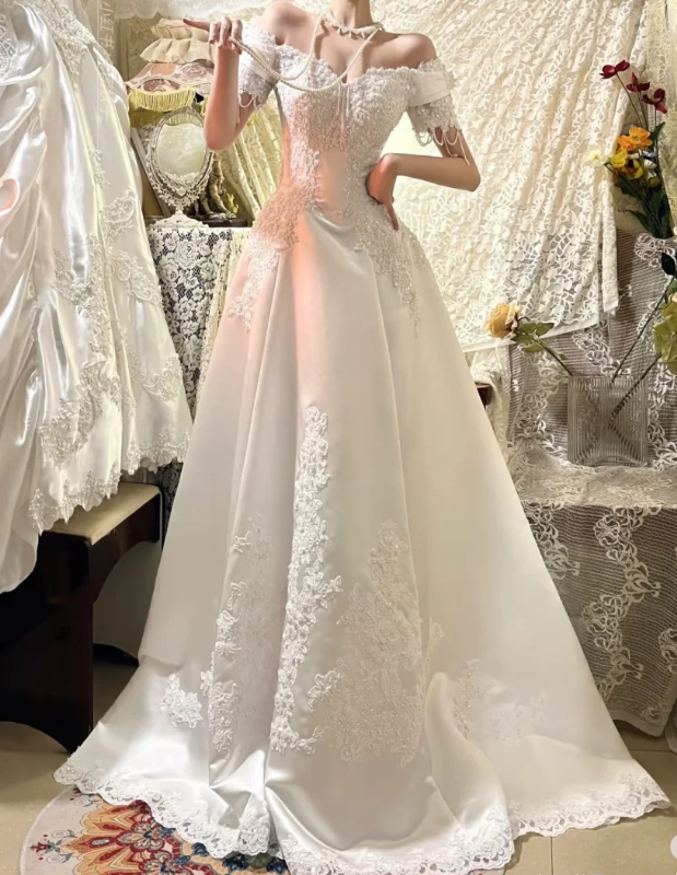 Modest Off-shoulder A-Line Wedding Dress Satin Applique Bridal Gown White Bridal Dress ED08215