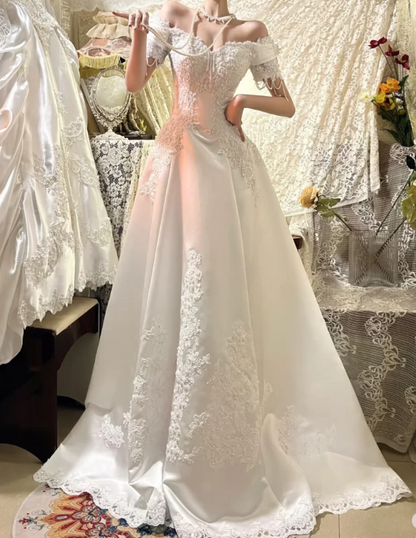 Modest Off-shoulder A-Line Wedding Dress Satin Applique Bridal Gown White Bridal Dress ED08215