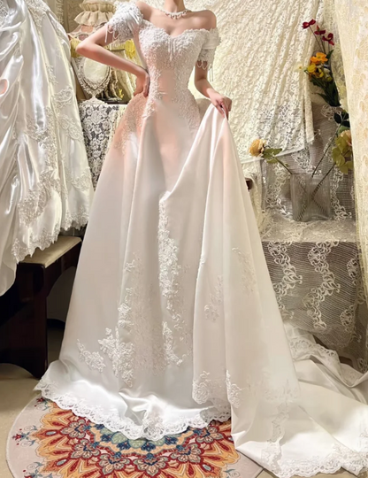 Modest Off-shoulder A-Line Wedding Dress Satin Applique Bridal Gown White Bridal Dress ED08215