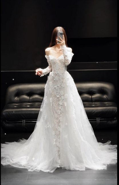 Modest Off-shoulder Sheath Wedding Dress Tulle Applique Bridal Gown ED08216 White Bridal Dress ED08216