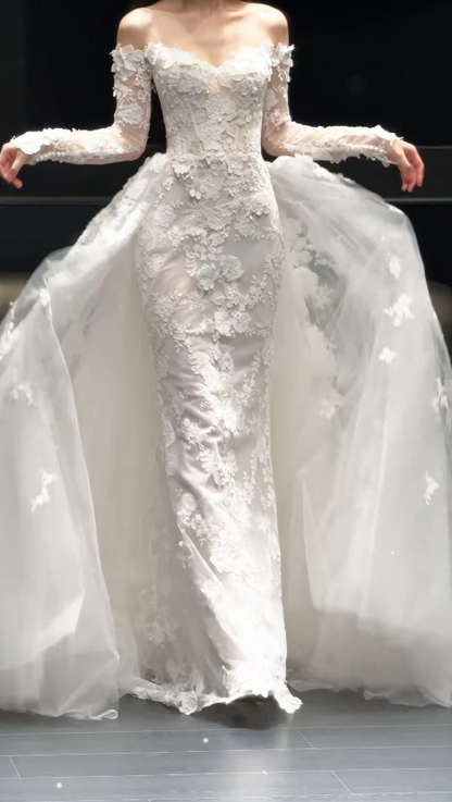 Modest Off-shoulder Sheath Wedding Dress Tulle Applique Bridal Gown ED08216 White Bridal Dress ED08216