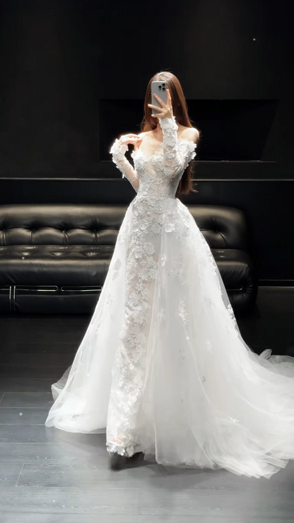 Modest Off-shoulder Sheath Wedding Dress Tulle Applique Bridal Gown ED08216 White Bridal Dress ED08216
