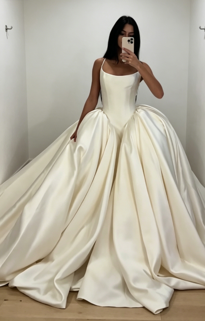 Modest Spaghetti Straps A-Line Wedding Dress Satin Bridal Gown White Bridal Dress ED08219