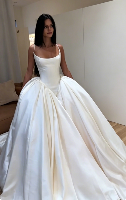 Modest Spaghetti Straps A-Line Wedding Dress Satin Bridal Gown White Bridal Dress ED08219