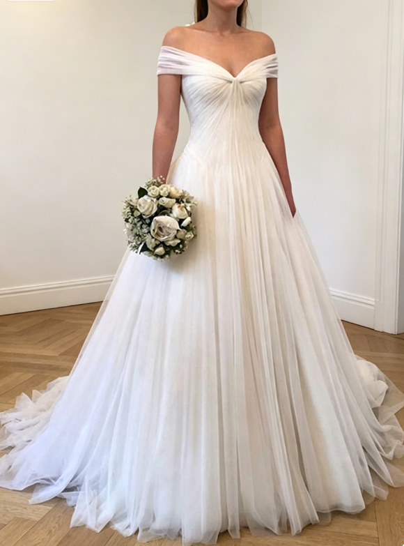 Modest Off-shoulder A-Line Wedding Dress Tulle Bridal Gown White Bridal Dress ED08220