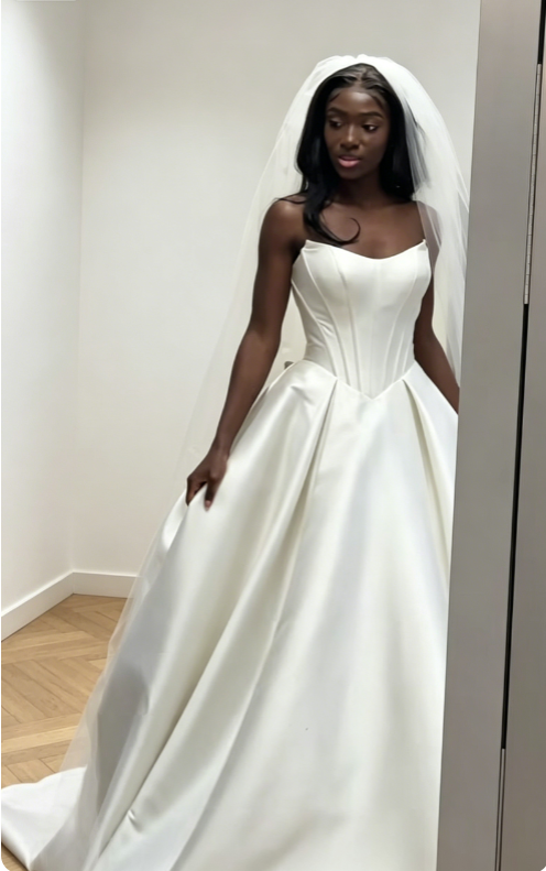 Modest Strapless A-Line Wedding Dress Satin Bridal Gown White Bridal Dress ED08221