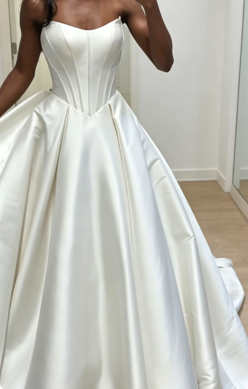 Modest Strapless A-Line Wedding Dress Satin Bridal Gown White Bridal Dress ED08221