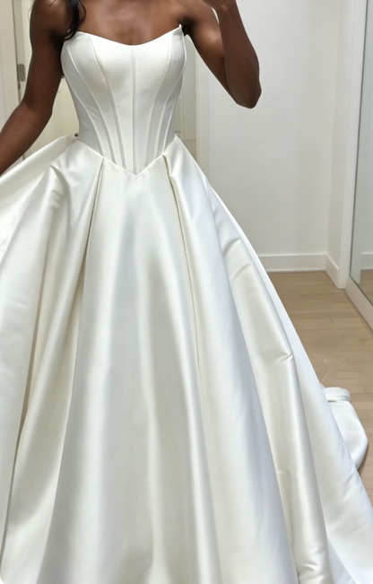 Modest Strapless A-Line Wedding Dress Satin Bridal Gown White Bridal Dress ED08221