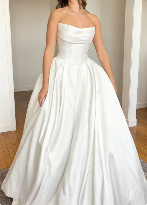 Timeless Strapless A-Line Wedding Dress Satin Bridal Gown White Bridal DressED08223