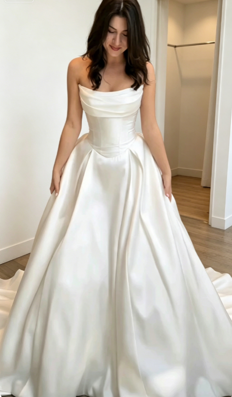 Timeless Strapless A-Line Wedding Dress Satin Bridal Gown White Bridal DressED08223
