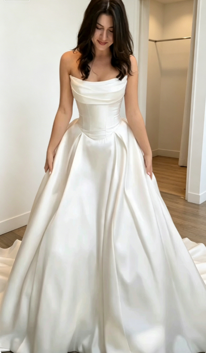 Timeless Strapless A-Line Wedding Dress Satin Bridal Gown White Bridal DressED08223