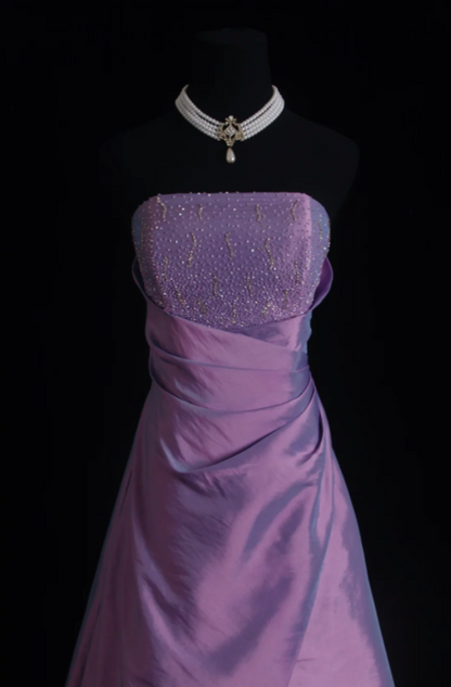 Elegant Strapless A-Line Satin Long Evening Dress Purple Prom Dress ED08226