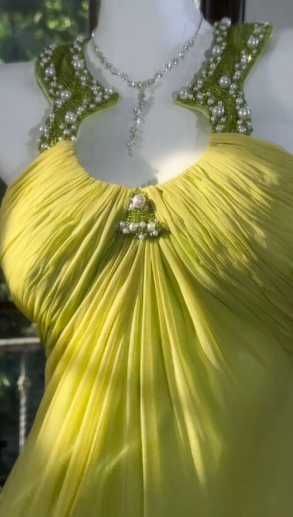 Elegant Halter Yellow Vacation Sheath Long Evening Dress Chiffon Prom Dress ED08227-1
