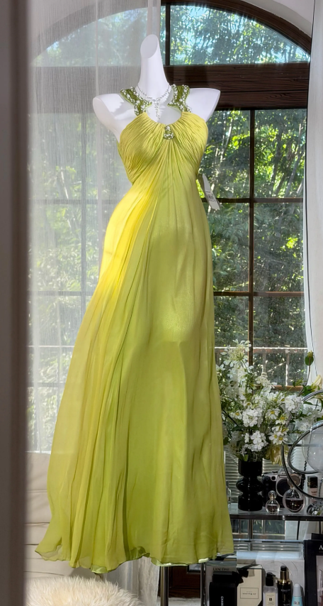 Elegant Halter Yellow Vacation Sheath Long Evening Dress Chiffon Prom Dress ED08227-1