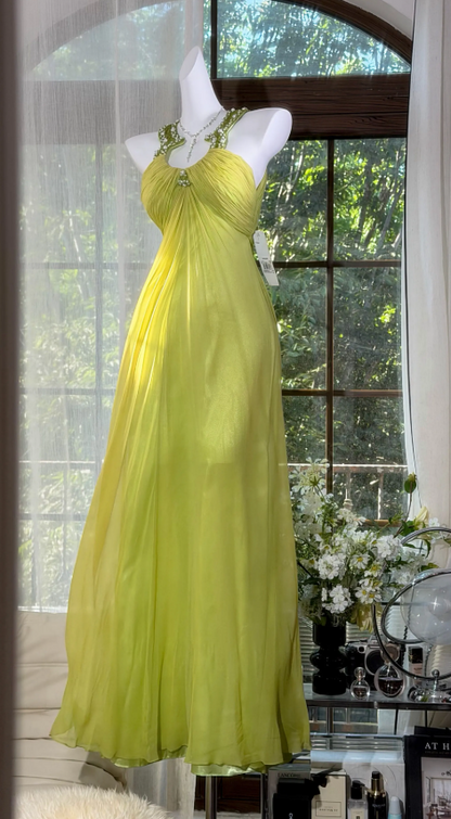 Elegant Halter Yellow Vacation Sheath Long Evening Dress Chiffon Prom Dress ED08227-1