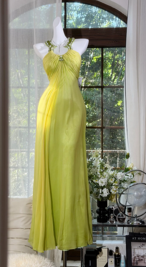 Elegant Halter Yellow Vacation Sheath Long Evening Dress Chiffon Prom Dress ED08227-1