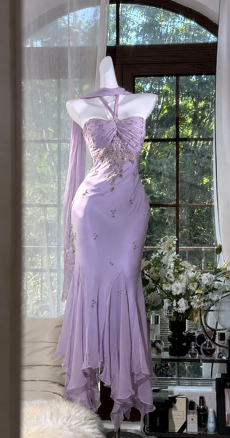 Elegant Halter Sheath Chiffon Beaded Long Evening Dress Green Prom Dress ED08228