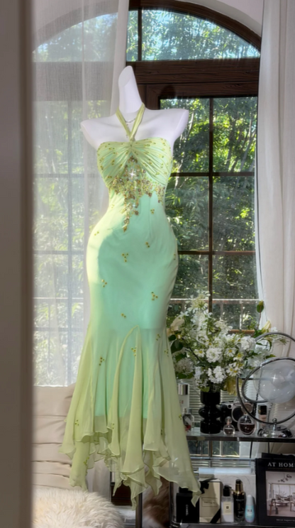 Elegant Halter Sheath Chiffon Beaded Long Evening Dress Green Prom Dress ED08228