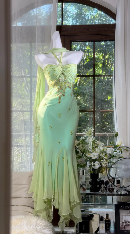 Elegant Halter Sheath Chiffon Beaded Long Evening Dress Green Prom Dress ED08228