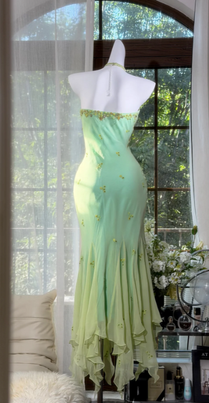 Elegant Halter Sheath Chiffon Beaded Long Evening Dress Green Prom Dress ED08228